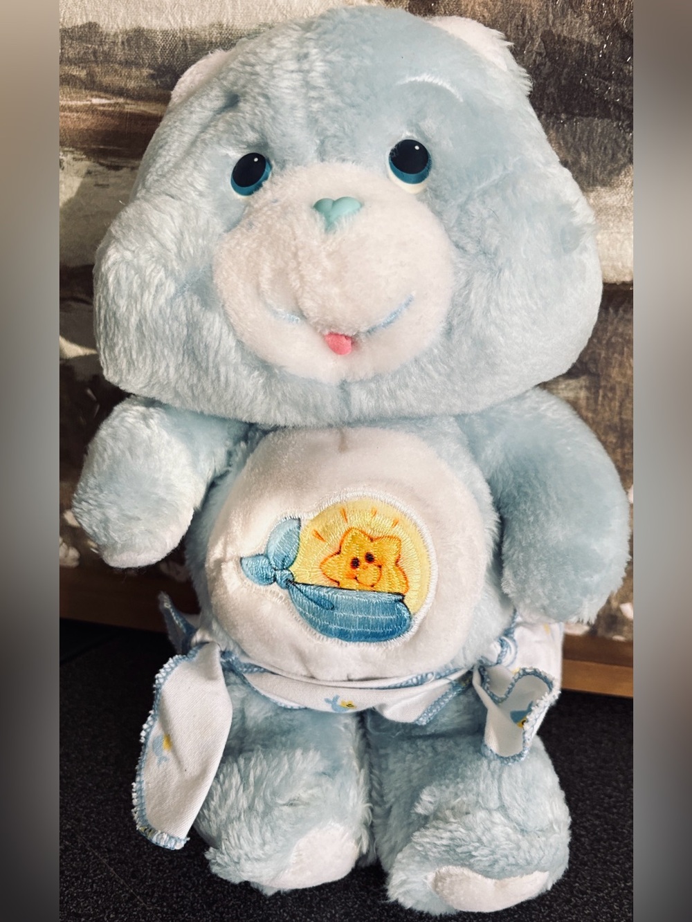 Care Bear-Style Blue Plush Teddy with Sun Embroidery Vintage 1983